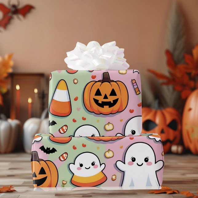 Niedlich Pastell Pink Halloween Ghost & Pumpkin Geschenkpapier (Von Creator hochgeladen)