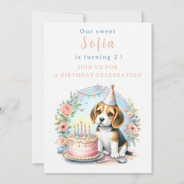 Niedlich Pastell Welpe Beagle - Geburtstag Einladung (Vorderseite)
