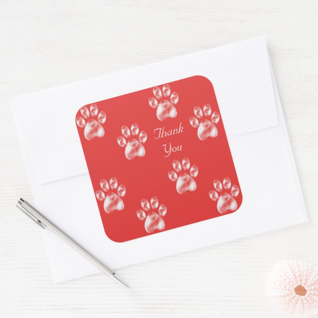 Niedlich Paw Pattern auf Red Danke Quadratischer Aufkleber (Umschlag)