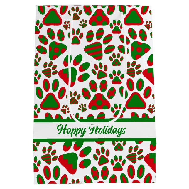 Niedlich Paw Print Red Green Happy Urlaub Mittlere Geschenktüte (Rückseite)