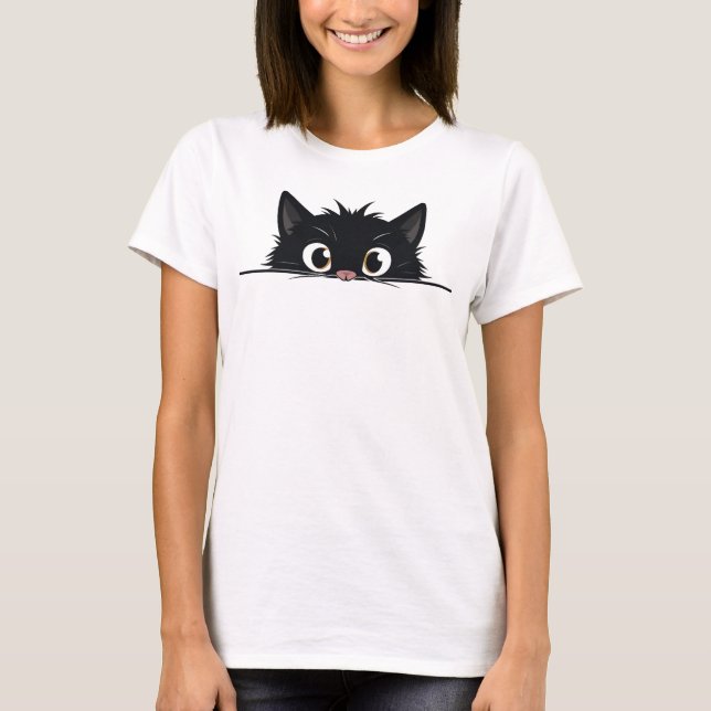 Niedlich Peeking Black Cat T-Shirt (Vorderseite)