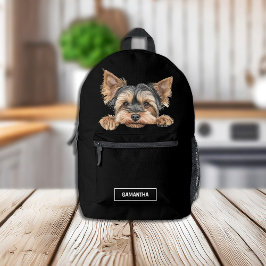 Niedlich Peeking Yorkie auf schwarz mit Namen Bedruckter Rucksack