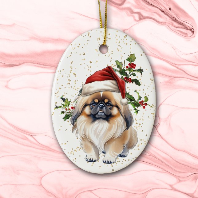 Niedlich Pekingese Dog Christmas Holly Keramik Ornament (Von Creator hochgeladen)