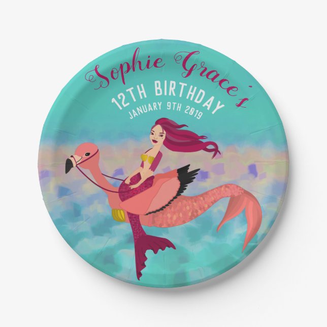 Niedlich Personalisierte Lila Mermaid & Pink Mermi Pappteller (Vorderseite)