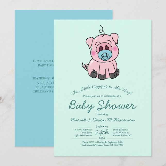Niedlich Pig Baby Shower Kawaii Blue Boy Einladung (Vorne/Hinten)