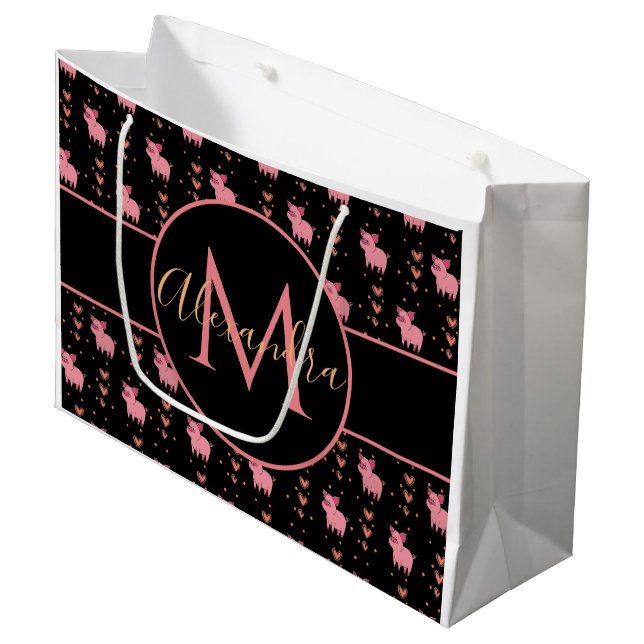 Niedlich Pig Rosa Herz Funny Animal Monogram & Nam Große Geschenktüte (Vorderseite Schrägansicht)