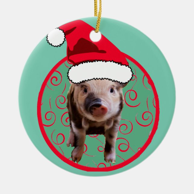 Niedlich Pig Santa - Aquamarin und rot Keramikornament (Vorne)
