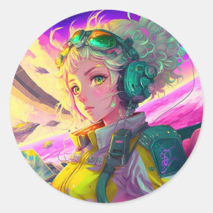 Niedlich Pilot-Anime-Girl Runder Aufkleber