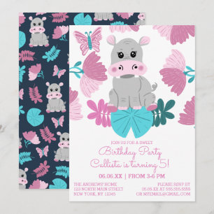 Niedlich Pink Aquamarin Hippo Floral Butterfly Geb Einladung