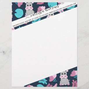 Niedlich Pink Aquamarin Hippo Floral Butterfly Lil Briefbogen