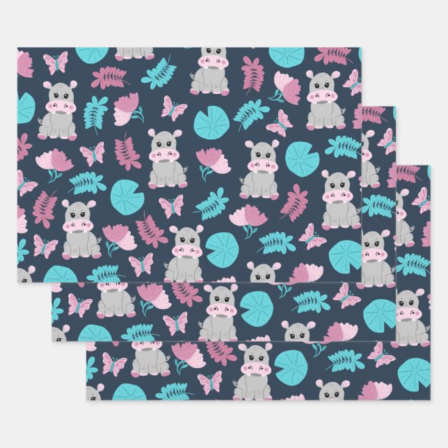 Niedlich Pink Aquamarin Hippo Floral Butterfly Lil Geschenkpapier Set (Set)