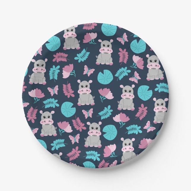Niedlich Pink Aquamarin Hippo Floral Butterfly Lil Pappteller (Vorderseite)
