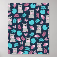 Niedlich Pink Aquamarin Hippo Floral Butterfly Lil