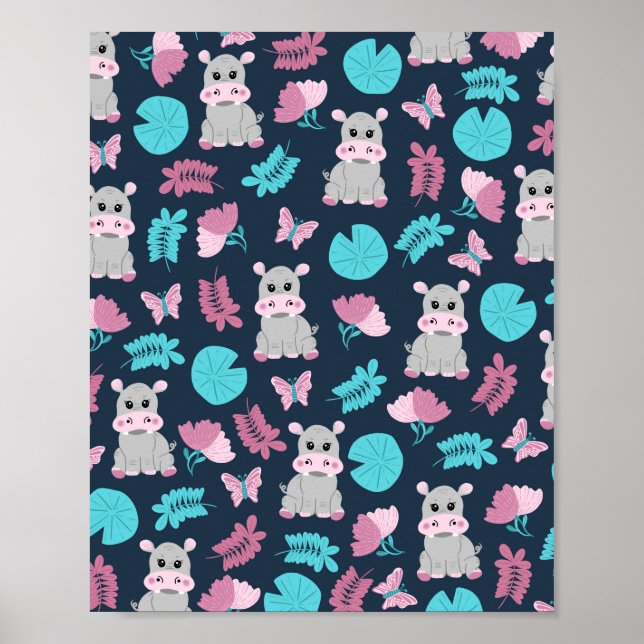 Niedlich Pink Aquamarin Hippo Floral Butterfly Lil Poster (Vorne)