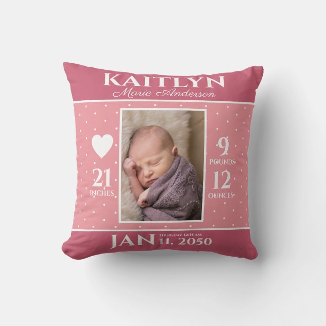 Niedlich Pink Baby Birth Stats Keepake Kinderzimme Kissen (Vorderseite)