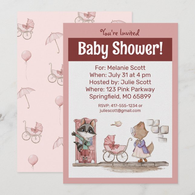 Niedlich Pink Baby Buggy Babydusche Einladung (Vorne/Hinten)