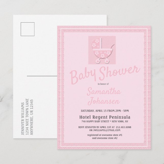 Niedlich Pink Baby Carriage Girls Baby Dusche Einladungspostkarte (Vorne/Hinten)