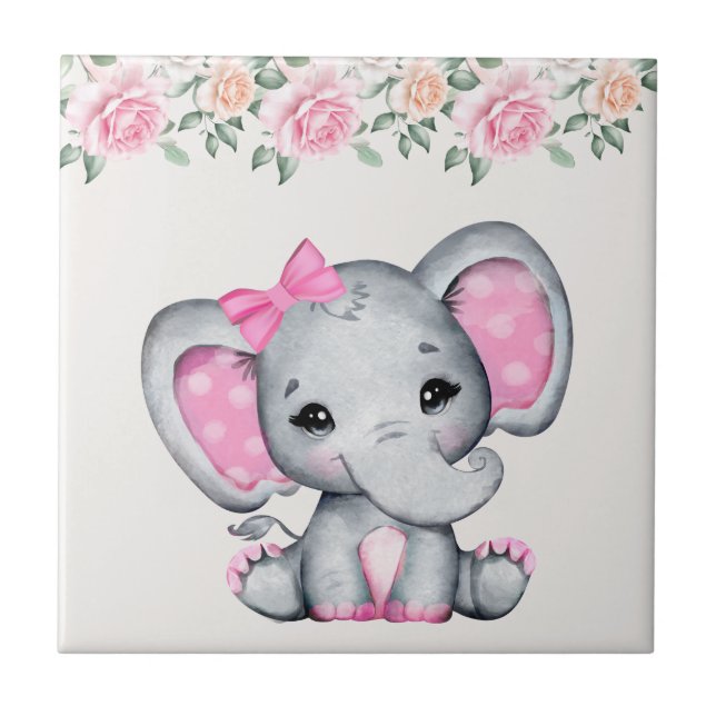 Niedlich-Pink-Baby-Elefant und Rose-Grenze Fliese (Vorderseite)