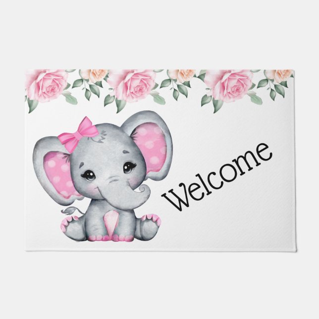 Niedlich-Pink-Baby-Elefant und Rose-Grenze Fußmatte (Vorderseite)