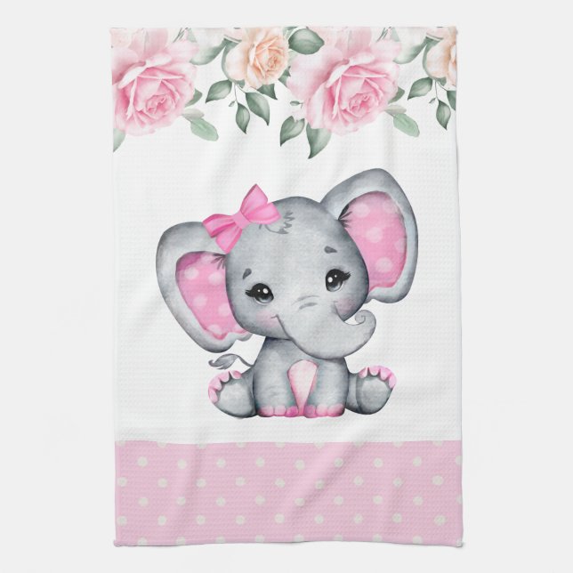 Niedlich-Pink-Baby-Elefant und Rose-Grenze Geschirrtuch (Vertikal)