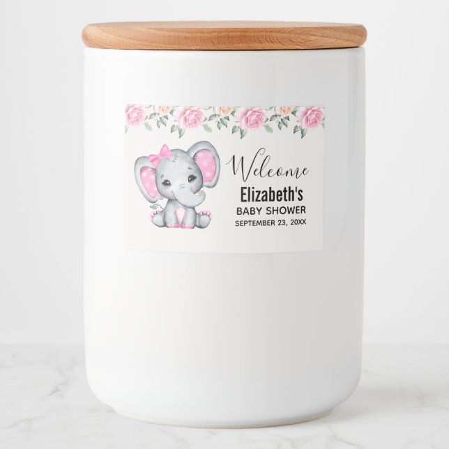 Niedlich-Pink-Baby-Elefant und Rose-Grenze Lebensmitteletikett (Vorderseite)