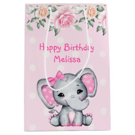 Niedlich-Pink-Baby-Elefant und Rose-Grenze Mittlere Geschenktüte
