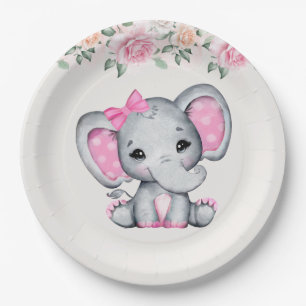 Niedlich-Pink-Baby-Elefant und Rose-Grenze Pappteller