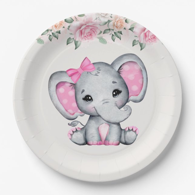 Niedlich-Pink-Baby-Elefant und Rose-Grenze Pappteller (Vorderseite)