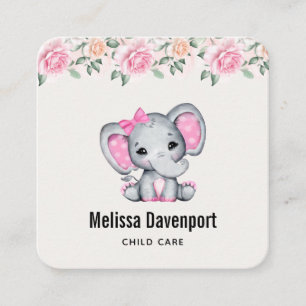 Niedlich-Pink-Baby-Elefant und Rose-Grenze Quadratische Visitenkarte