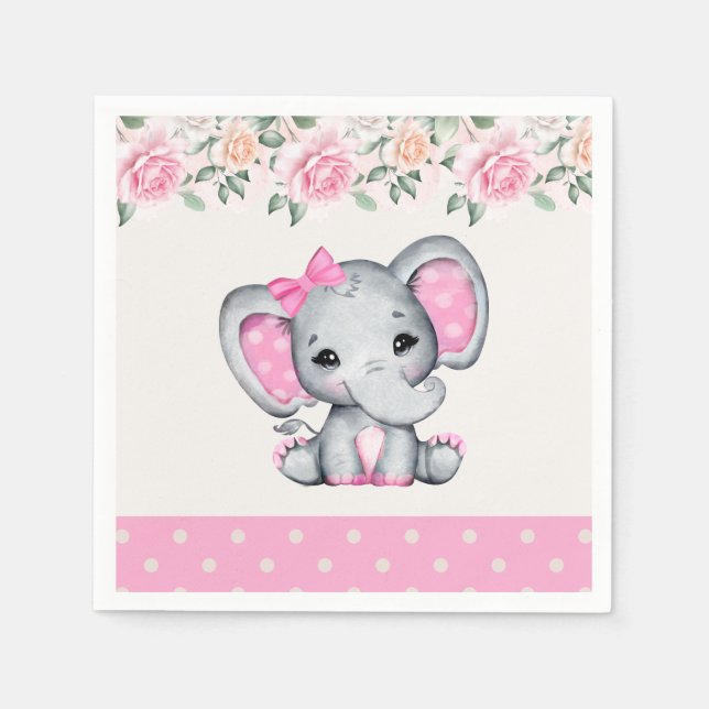 Niedlich-Pink-Baby-Elefant und Rose-Grenze Serviette (Vorderseite)