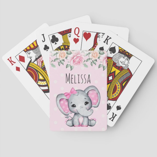 Niedlich-Pink-Baby-Elefant und Rose-Grenze Spielkarten (Rückseite)