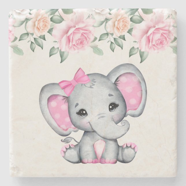 Niedlich-Pink-Baby-Elefant und Rose-Grenze Steinuntersetzer (Vorderseite)