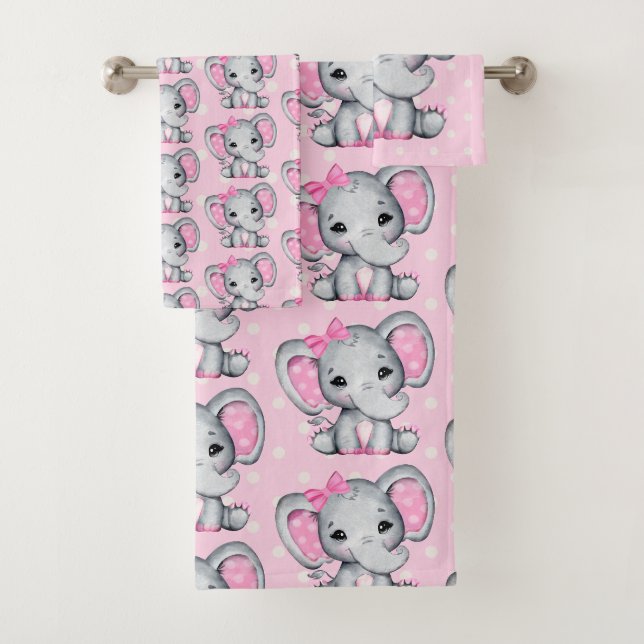 Niedlich-Pink-Baby-Elefantenmuster Badhandtuch Set (Insitu)