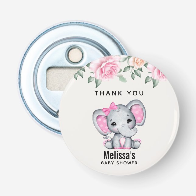 Niedlich Pink Baby Elephant and Rose Babydusche Flaschenöffner (Vorderseite)