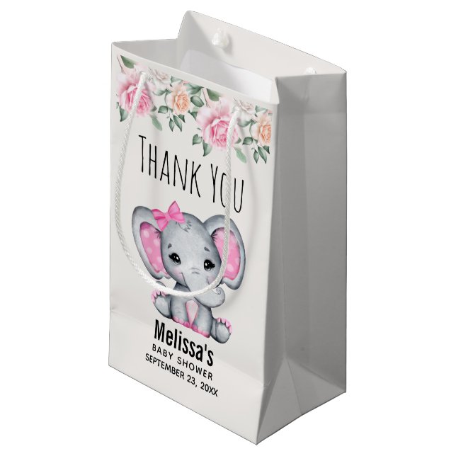 Niedlich Pink Baby Elephant and Rose Babydusche Kleine Geschenktüte (Vorderseite Schrägansicht)
