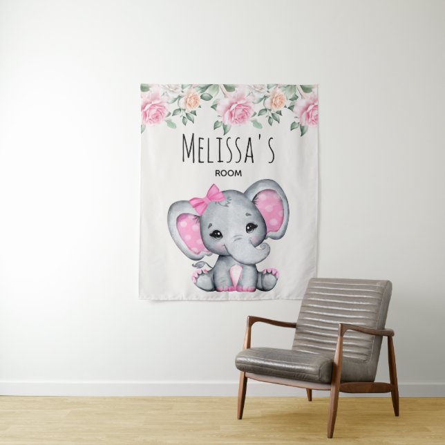 Niedlich Pink Baby Elephant and Rose Room Wandteppich (Beispiel)