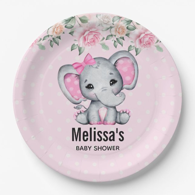 Niedlich Pink Baby Elephant und Rose Grenz Dusche Pappteller (Vorderseite)