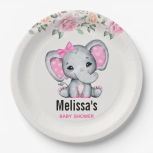 Niedlich Pink Baby Elephant und Rose Grenz Dusche Pappteller