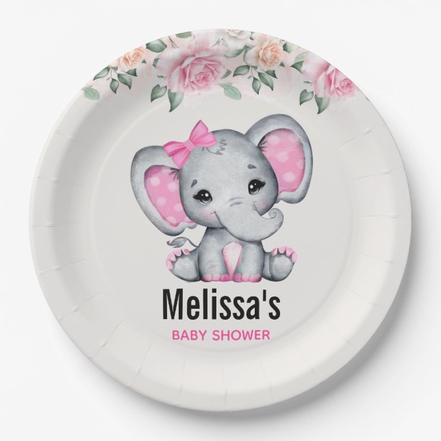 Niedlich Pink Baby Elephant und Rose Grenz Dusche Pappteller (Vorderseite)