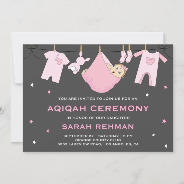 Niedlich Pink Baby Girl Aqiqah Einladung (Vorderseite)