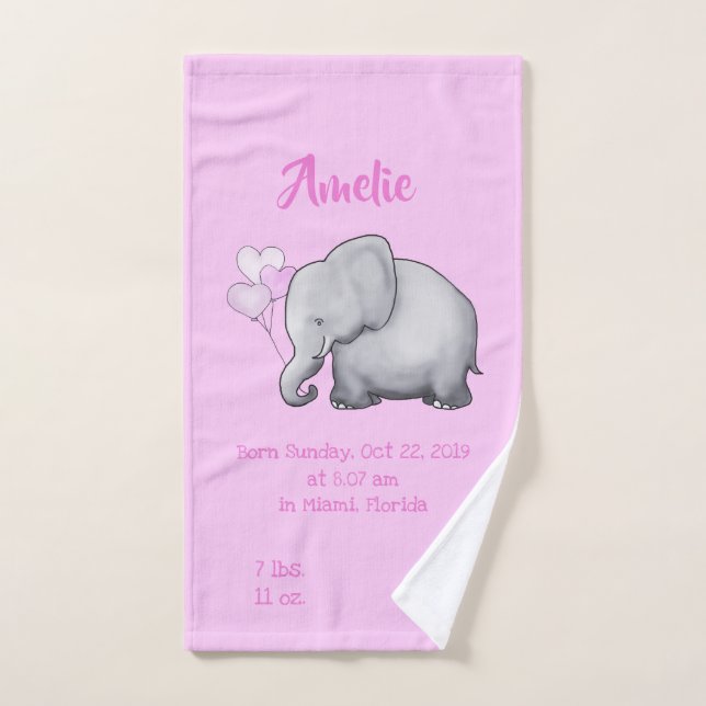 Niedlich Pink Baby Girl Birth Stats Elefant Kinder Handtuch (Handtuch)