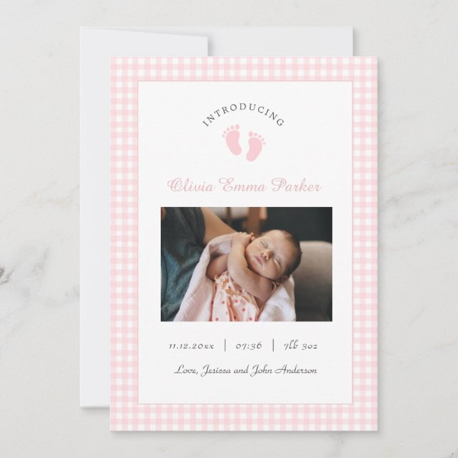 Niedlich Pink Baby Girls Fußspuren Foto Birth Ankündigung (Vorderseite)