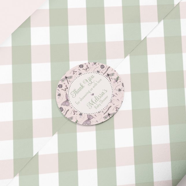 Niedlich Pink Baby Insect & Gingham Muster Vielen  Runder Aufkleber (Cute boho hand-drawn insects party favor Thank You sticker for baby girl Shower in pink & sage green)