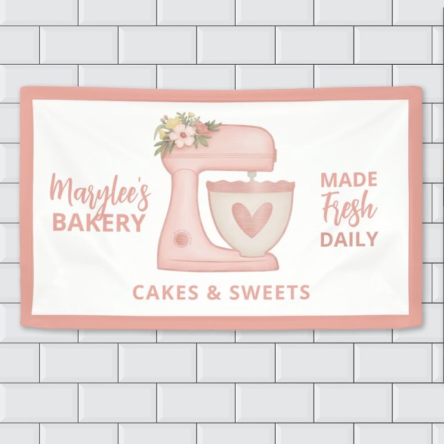 Niedlich Pink Bakery Business Pastry Koch Banner (Cute Pink Bakery Business Banner decorated with a mixer.)