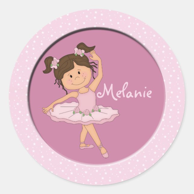 Niedlich Pink Ballerina 4 Individuelle Name Runder Aufkleber (Vorderseite)