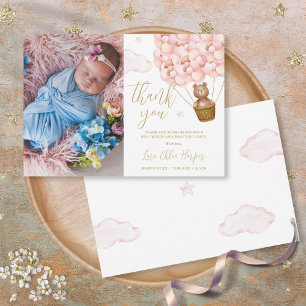 Niedlich Pink Balloons Bear Neugeborenes Baby Foto Dankeskarte