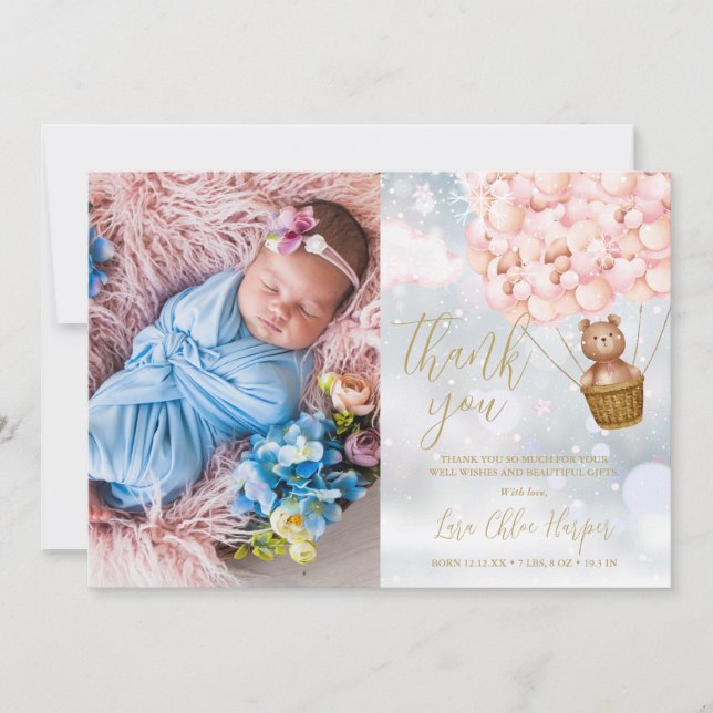 Niedlich Pink Balloons Bear Winter Baby Foto Dankeskarte (Vorderseite)