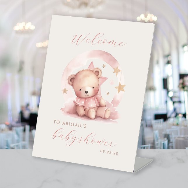 Niedlich Pink Bear Girls Babydusche Willkommen Sockelschild (Von Creator hochgeladen)