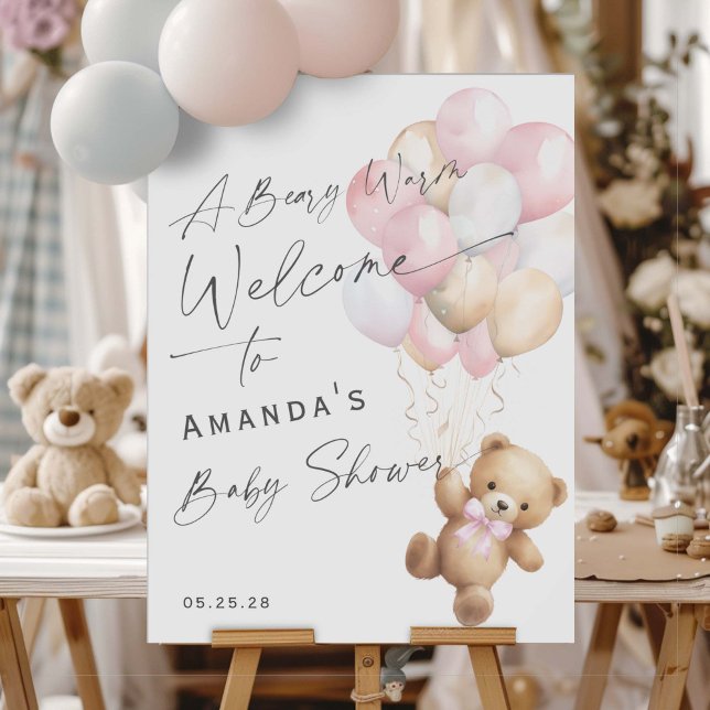 Niedlich Pink Bearly Wait Baby Girl Dusche Willkom Poster (Pink baby Girl Shower We can bearly wait- welcome sign.)