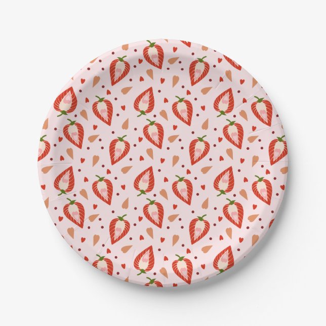 Niedlich Pink Berry Sweet Strawberry Muster Geburt Pappteller (Vorderseite)